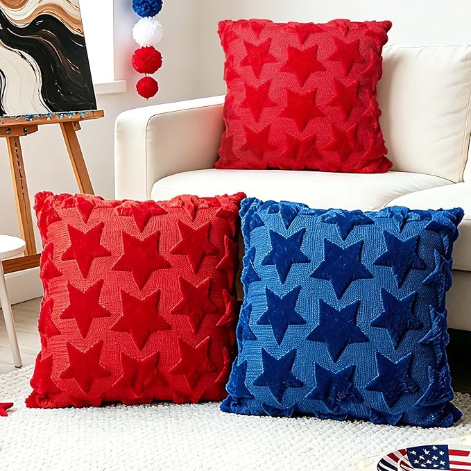4th of July Decorations Pillow Covers 18x18 inch Set of 2 Red Embroidery Star Decoration Soft Plush Faux Fur Jacquard Throw Pillows Independence Memorial Day for Home Sofa Farmhouse Decorations