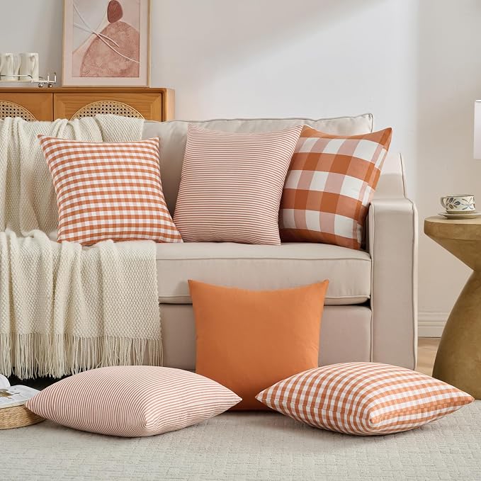 Burnt Orange Fall Buffalo Check Checkered Pillow Covers 18x18 Set of 2 | Cojines De Otoño Para Sala, Thanksgiving Autumn Pillow Covers 18 x 18, Aesthetic Fall Room Decor, Fall Front Porch Pillows