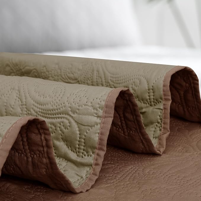 Easy-Going Reversible Quilt Set Twin, Bedspread with 1 Shams | Damask-Brown/Beige, Lightweight Microfiber Bed Comforter, 1 Quilt + 1 Pillow Shams, All-Season Coverlets for Bedroom
