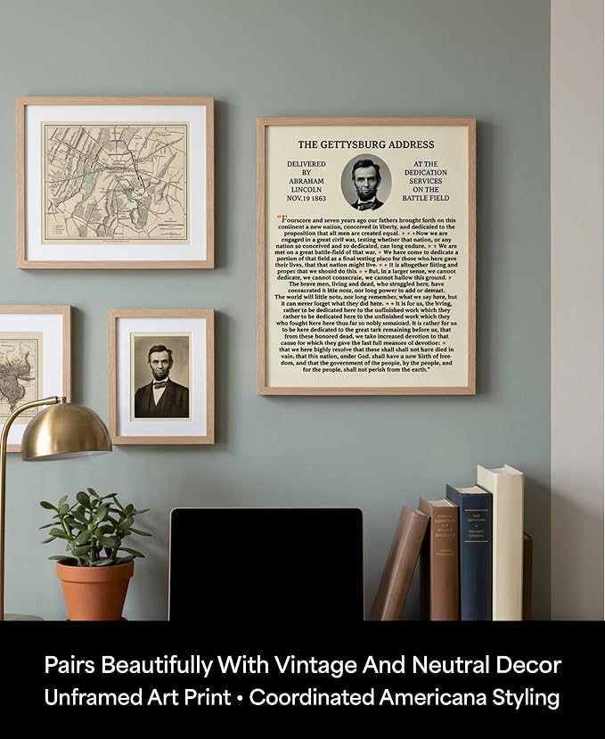 Abraham Lincoln Gettysburg Address Wall Art, History Print, 11x14 | Unframed patriotic speech poster. American classroom, office, den decor. Gift for teachers, veterans, history lovers