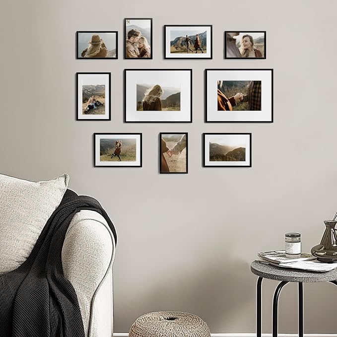 eletecpro Aluminum Gallery Wall Frame Set of 10 with Glass Cover, Black | Including 2Pcs 8x10, 4Pcs 5x7, 4Pcs 4x6 Photo Frames, Multiple Sizes Picture Frames Collage Wall Decor or Tabletop Display