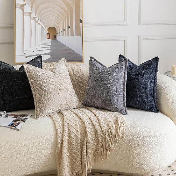 MADIZZ Pack of 2 Chenille Throw Pillow Covers 18x18 Inch Dark Blue Soft Neutral Decorative Throw Pillows for Couch Sofa Boho Accent Cushion Covers Modern Farmhouse Home Decor for Bedroom Living Room