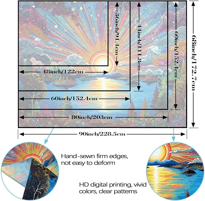 Zussun Hippie Sun Tapestry Boho Vintage Sunrise Nature Tree Lake Wall Tapestry for Bedroom Aesthetic Colorful Landscape Large Tapestries Wall Hanging for Dorm Living Room Decor 80 x 60 Inch