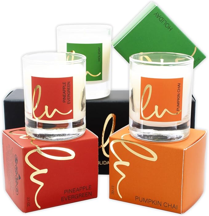 Lulu Candles Holiday, Pineapple Evergreen & Pumpkin Chai, 2.7 Oz Gift Set | 3 PC Votives, Luxury Scented Soy, Hand Poured in USA, Highly Scented