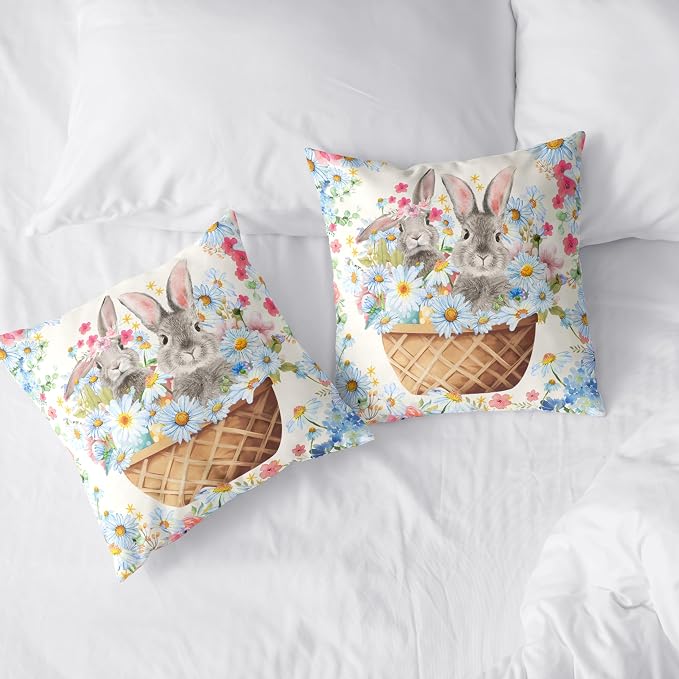 Easter Bunny Pillow Covers 22x22 Spring Rabbit Daisy Floral Throw Pillow Covers A Basket Filled with Lovely Bunny and Flowers Pillowcase Cushion Case for Sofa Patio Garden 2 Pack