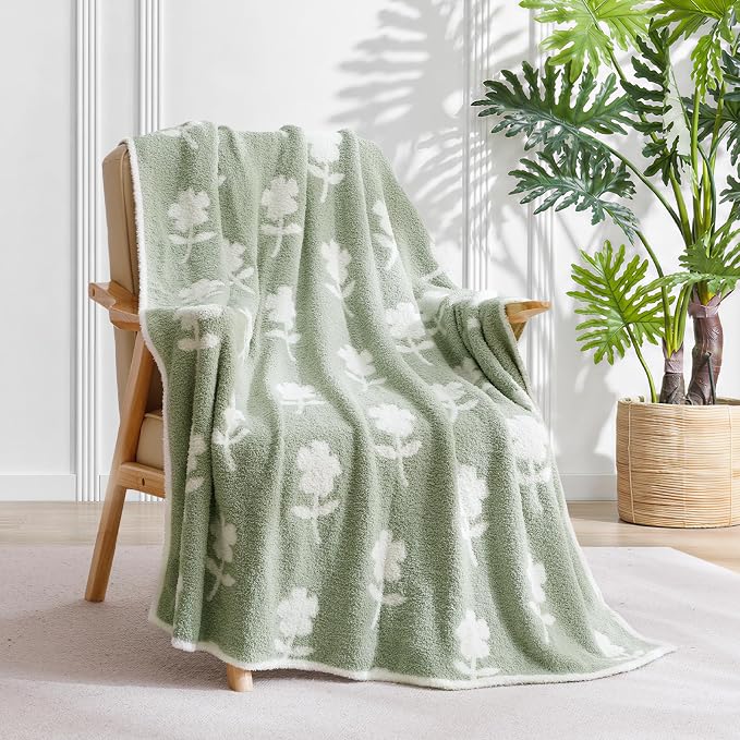 Snuggle Sac Twin Size Bedding Blanket, Sage Green Flower Throw Blanket for Couch, Microfiber Fluffy Warm Cozy Fuzzy Soft Reversible Blankets, Sage Green, 60x80 inches