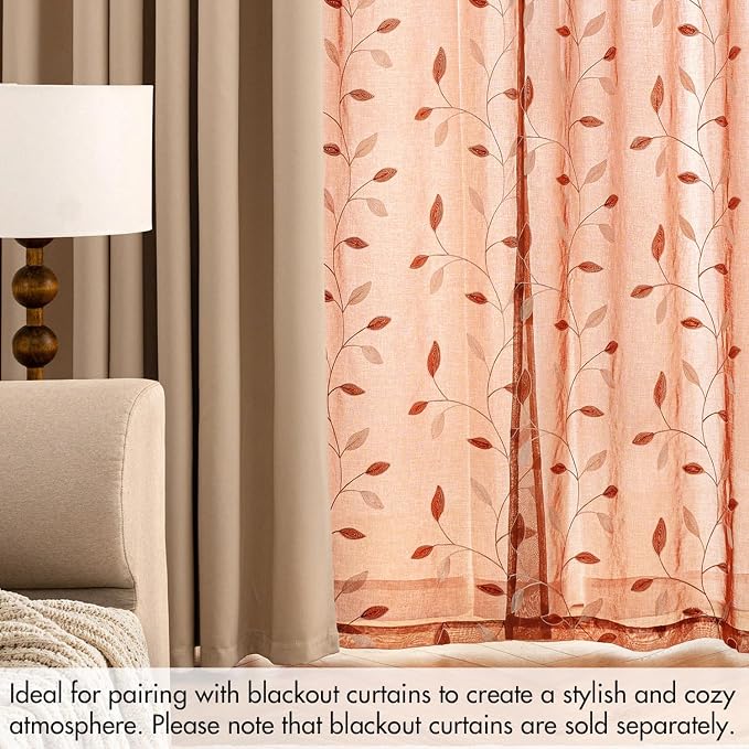 MIULEE Burnt Orange Sheer Fall Curtains 2 Panels Leaf Patterned, W52 x L54 | Embroidered Floral Semi Sheer,Rod Pocket,Faux Linen,Short Window Curtains Drapes Set for Kitchen/Bathroom/Cafe