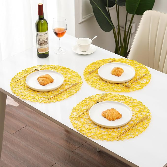 IcosaMro Yellow Round Placemats Set of 12 for Dining Table, 13 Inches Paper Woven Boho Small Decorative Circle Place Mat for Wedding Christmas Thanksgiving Day Holiday Dinner, Yellow