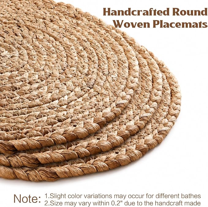 Aofmee 13.8 inch Round Woven Placemats Set of 6, Boho Rattan Place Mats, Natural Water Hyacinth Table Placemats, Farmhouse Weave Table Mats, Rustic Braided Wicker Charger Plates for Dining Table Decor