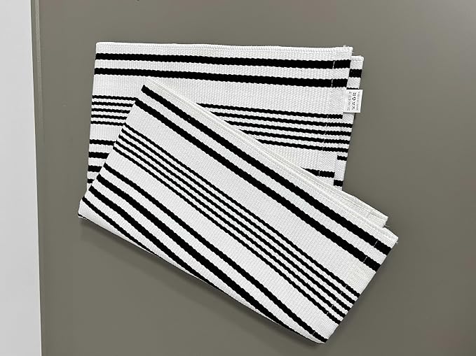 BUAGETUP Black and White Layered Doormat,27.5x43.3inch Striped Outdoor Rug Hand Woven Cotton Indoor Outdoor Rug for Porch Layered