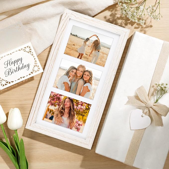 Golden State Art Collage Frame 7x14 for 3 4x6 Photos Wood Distressed White