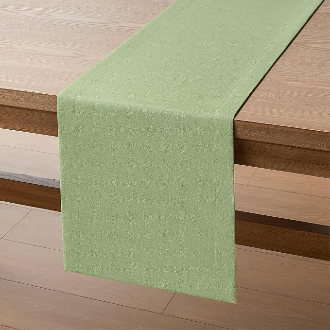 ZeeMart Linen Textured Border Table Runner, 14 x 60 Inch Green | Mitered Corner Design, Medium Weight Fabric, Modern Farmhouse Style, Machine Washable Easy Care Everyday Table Scarf