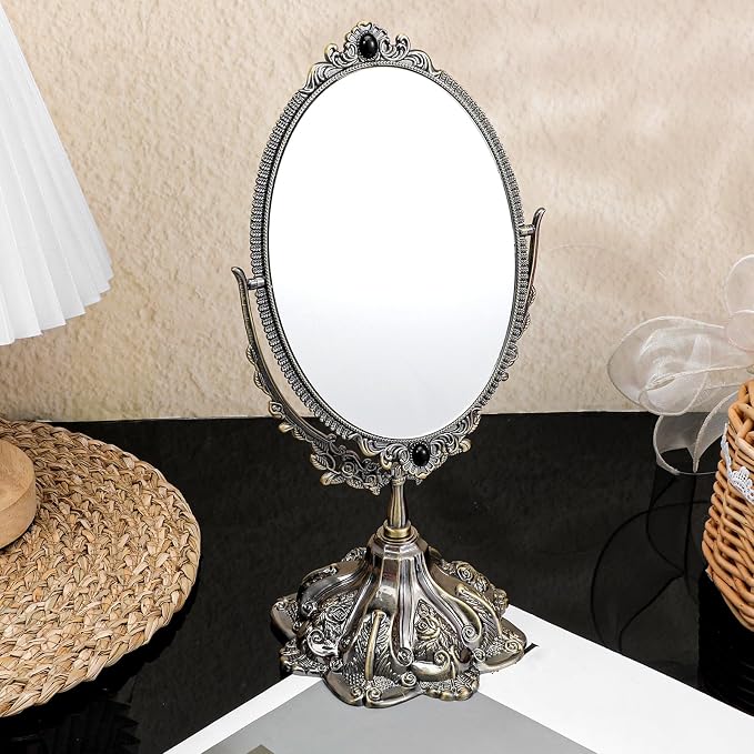 Vintage Double Side Makeup Mirror Floral Tabletop Oval Vanity Swivel Double-Sided-Mirror Vintage Swivel Double Sided Cosmetic Mirror with Stand for Dressing Room Bedroom (Bronze)