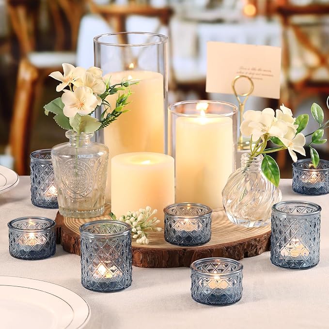 NITIME 24pcs Assorted Blue Votive Candle Holders, Tealight Candle Holders for Table Centerpiece, Blue Candle Holder Decor for Wedding, Baby Shower Party & Spa