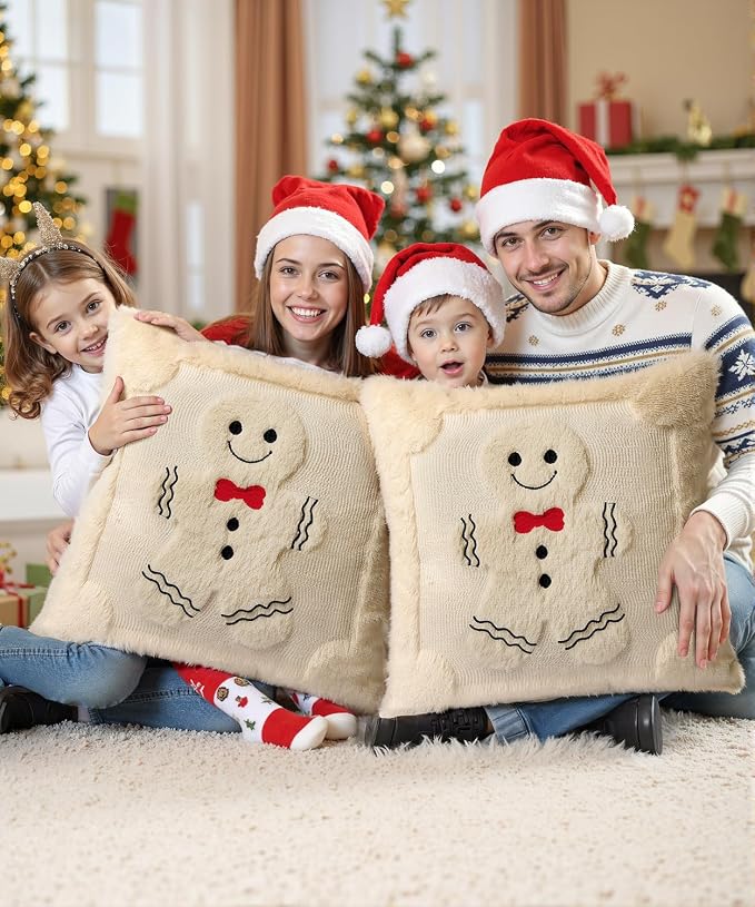 Christmas Pillow Covers Set of 2 Soft Plush Faux Fur Pillow Cases 3D Embroidered Decorative Couch Cover Home Decor Christmas Throw Pillow Covers 18x18,Beige Gingerbread Man