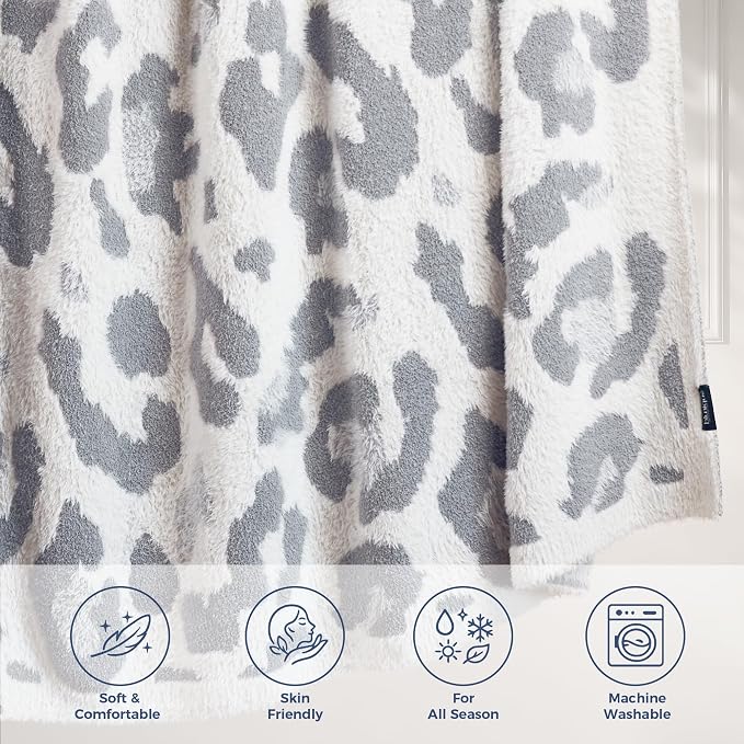 Knit Throw Blanket for Couch, Soft Cozy Fluffy Knitted Blanket for Sofa, Bed, Gift for Women Girls Home Decor (Leopard-Grey, Throw 50"x60")