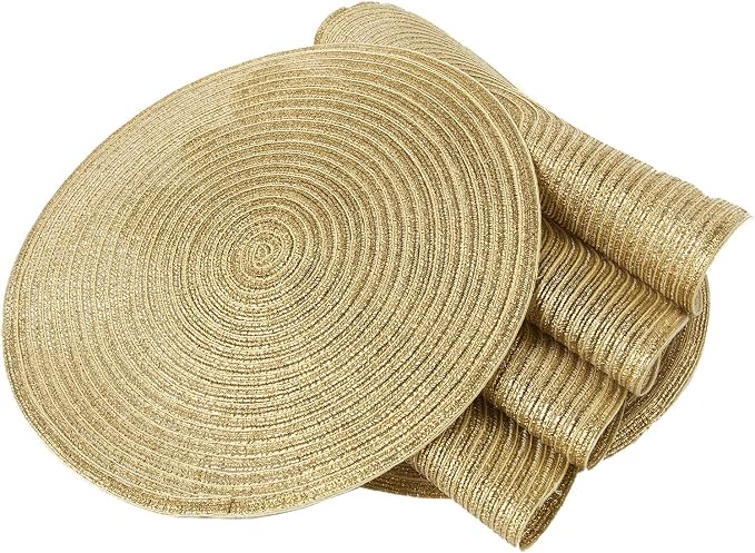 SHACOS Glitter Gold Round Braided Placemats Set of 8 Sparkle Washable 15 inch Round Table Mats Woven Place Mats for Christmas Party Dining Table (Gold, 8)