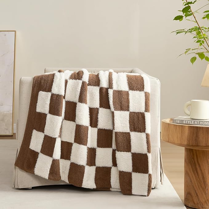 Snuggle Sac Brown Checkered Throw Blanket Faux Fur Microfiber Blankets for Couch,Cozy Soft Warm Blanket for Sofa Bedroom Living Room,Brown Checker,60x80 inches