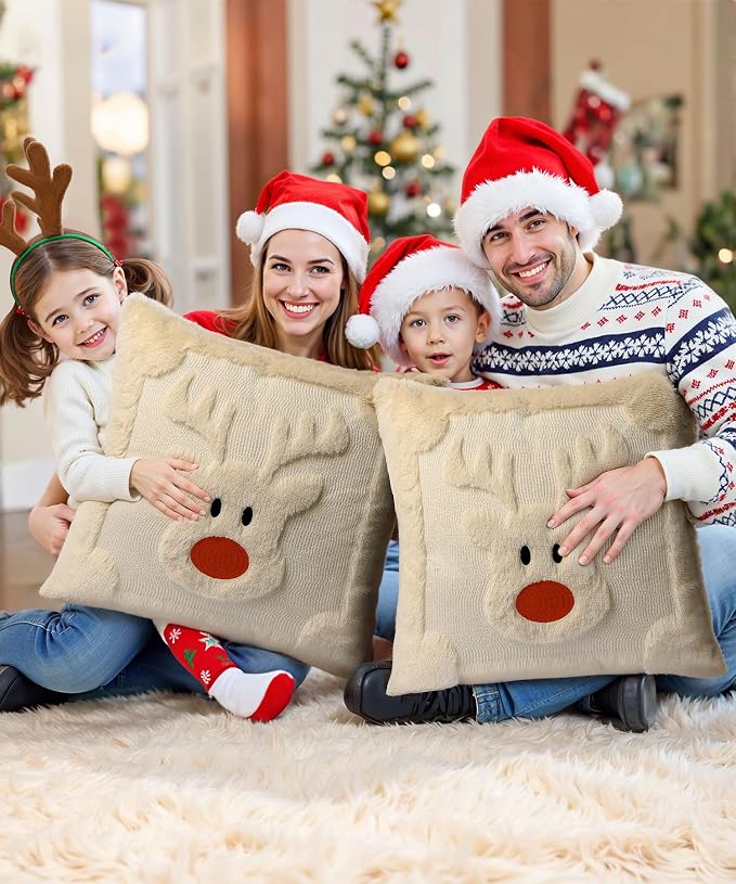 Christmas Pillow Covers Set of 2 Soft Plush Faux Fur Pillow Cases 3D Embroidered Decorative Couch Cover Home Decor Christmas Throw Pillow Covers 16x16,Beige Reindeer