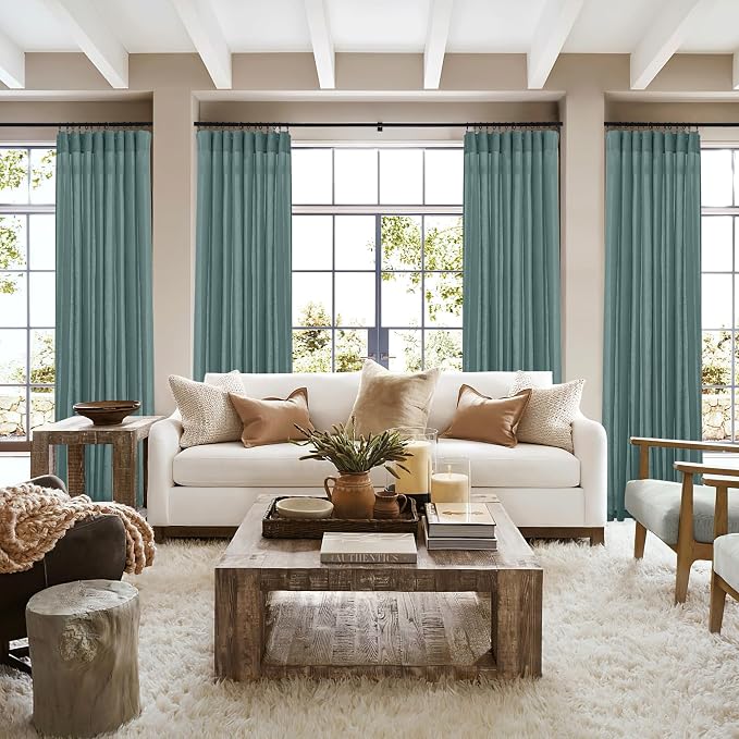 RYB HOME Linen Sheer Curtains 2 Panels for Living Room, Semi Transparent Privacy Drapes with Rod Pocket Farmhouse Style Window Treatments for Bedroom, Teal Blue, 52" W x 84" L