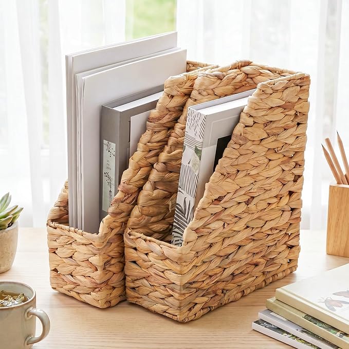 Mifoci 2 Pcs Water Hyacinth Magazine File Organizers 11*9.8*4'' | Natural Wicker Binder Holder for Desk, Magazine Basket Organizer for File Book Newspaper, Home Office Boho Wedding Decorative
