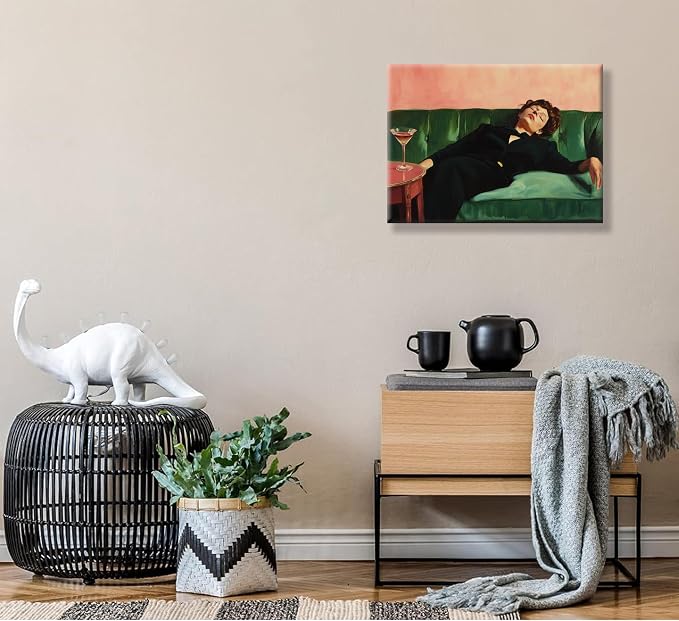 Vintage Woman Canvas Wall Art Funky Victorian Woman on Couch with Martini Picture Wall Decor Eclectic Cocktail Poster Trendy Bar Cart Decor Painting Print Artwork for Bar Kitchen Dining Room, Framed