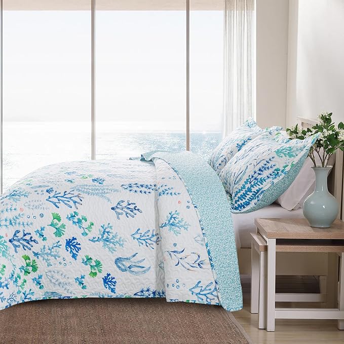 NEWLAKE Quilt Bedspread Sets - West Coastal Pattern Reversible Coverlet Set, Queen Size