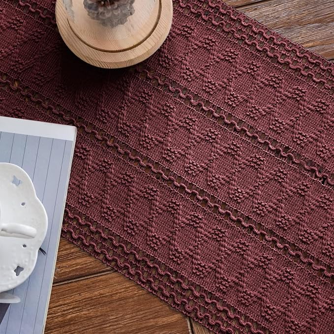 Macrame Table Runner Burgundy Boho Table Runners with Tassels 12x71in | Alynsehom Hand Woven Cotton Table Runner Rustic Farmhouse Table Runners for Bohemian Kitchen Dining Table