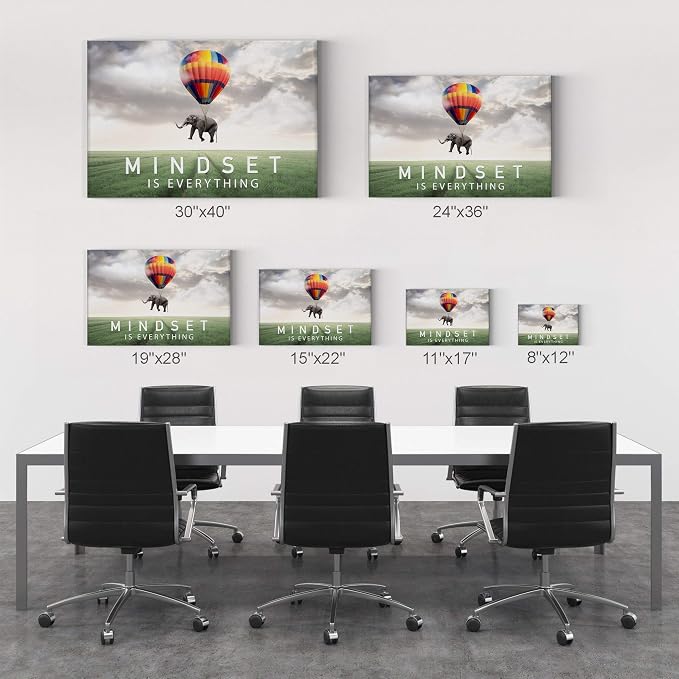 Smile Art Design Mindset is Everything Quote Elephant with Balloon in Sky Motivational Wall Art Canvas Print Inspirational Wall Art Entrepreneur Quote Office Decor Artwork Gift Ready to Hang 8x12