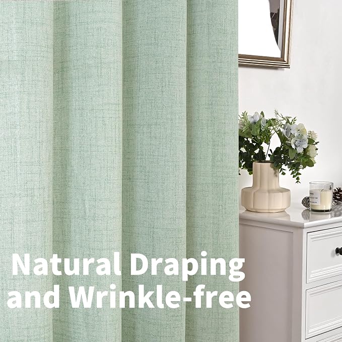 YoungsTex Sage Green Linen Curtains 45 Inches Length for Kitchen Window, Textured Semi Sheer Drapes with Bronze Grommet Light Filtering for Bathroom Cafe Bedroom, 42 x 45 Inch, 2 Panels