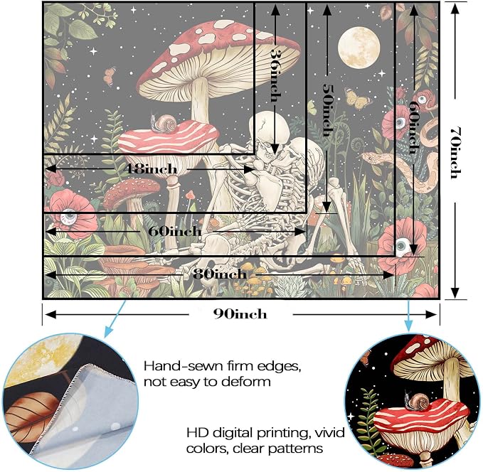 Accnicc Mushroom Skull Tapestry Skeleton Floral Plant Flower Aesthetic Bedroom Tapestries Nature Moon Wall Tapestry for Dorm Living Room (48'' × 36'')