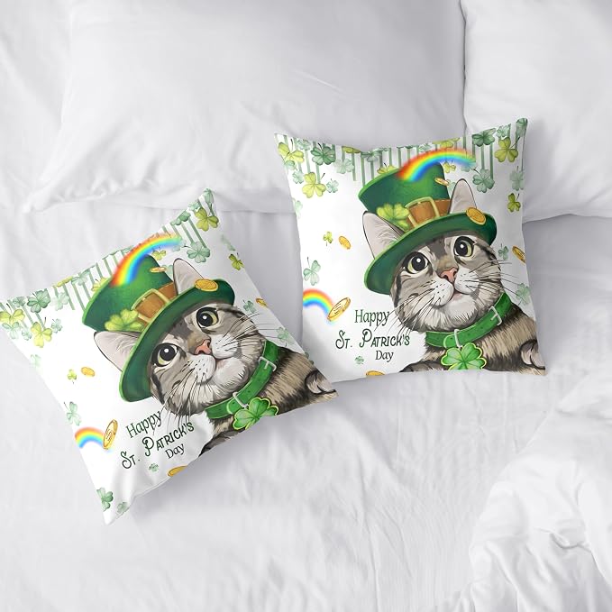 Happy St Patricks Day Pillows Covers 16x16 Pack of 2 Lucky Cat Clover Pillow Covers Rainbow Gold Coin Shamrock Decorative Pillow Cases Cushion Case for Living Room Couch Sofa