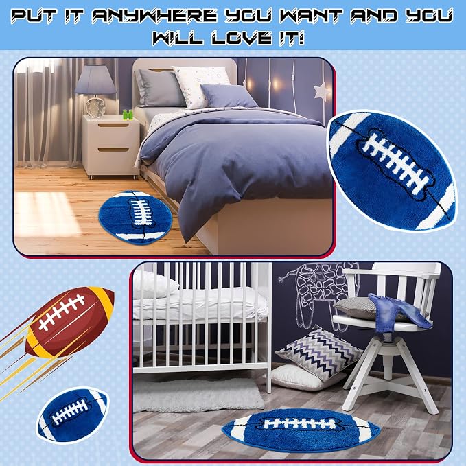 Funtery Football Rug for Boys and Sports Fan Room Decor Play Area Non Slip Mat Sports Area Rug Plush Carpet Bedroom Bathroom Door Soccer Game Day (Royal Blue & White, 32x20", Football)