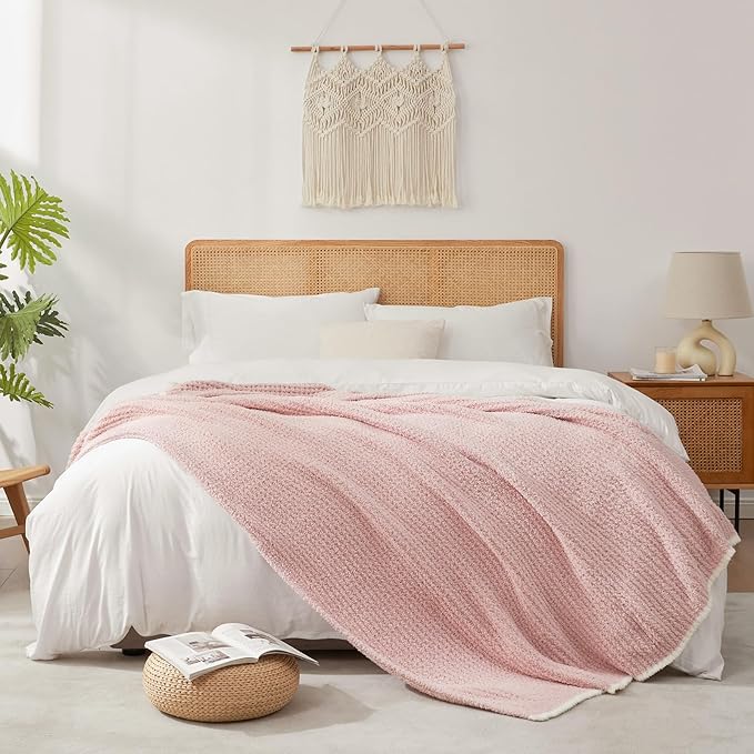 Snuggle Sac Pink Waffle Bedding Blankets Queen Size 90x90 inches, Reversible Microfiber Fluffy Fuzzy Soft Throw Cozy Knit Blanket for Women Mothers Birthday Gifts