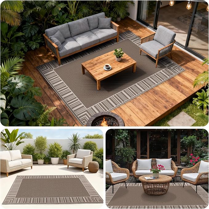COZYLOOM Washable Rugs 8x10 Easy Jute Area Rug for Living Room, Non Slip Non Shedding Modern Bordered Carpet Stain Resistant Foldable Neutral Striped Mats for Bedroom, Dining Room, Patio, RV, Taupe