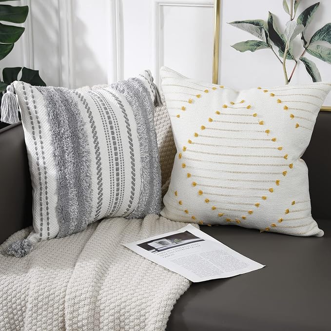 PANOD Decorative Boho Throw Pillow Covers 18x18 Set of 2, Modern Accent Grey and Yellow Cute Pillow Covers Pillowcase Cushion Case for Couch Bed Bedroom Sofa Livingroom Farmhouse