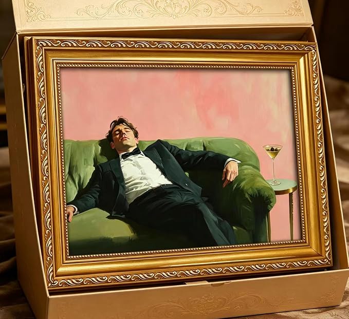 Vintage Gold Framed Bar Wall Art, Victorian Woman and Man on Couch with Martini Oil Painting Canvas Prints, Eclectic Cocktail Picture, Trendy Bar Cart Decor Poster Artwork for Kitchen Dining Room