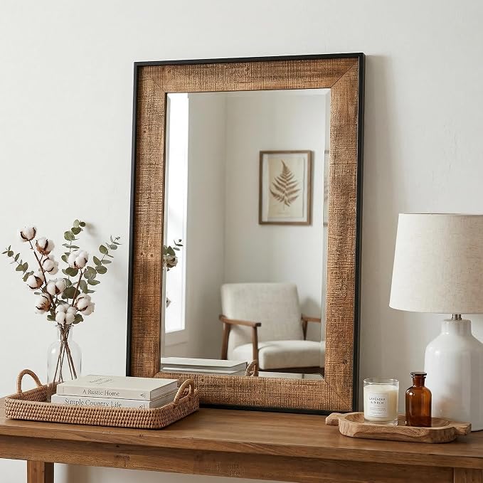 Rustic Solid Wood Wall Mirror 36x24 Inch, Vintage Wood Framed Wall Mirror for Bathroom Over Sink, Living Room, Hallway & Entryway, Farmhouse Style Decorative Mirror