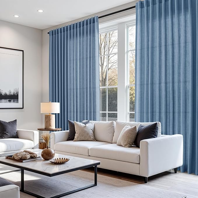 Stone Blue Linen Curtains 96 Inches Long for Bedroom Back Tab Modern Simplicity Farmhouse Coastal Decor Light Filtering Curtain for Living Room Dinning Room 52x96 8 FT,2 Panels