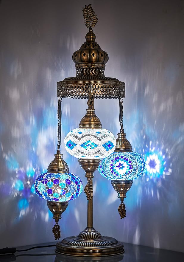 DEMMEX 3 Big Globes XL Magnificent Handmade Turkish Moroccan Mosaic Tiffany Style Table Desk Bedside Lamp Lampshade Exotic Night Accent Light for North American Use, 31" Height (Blue)