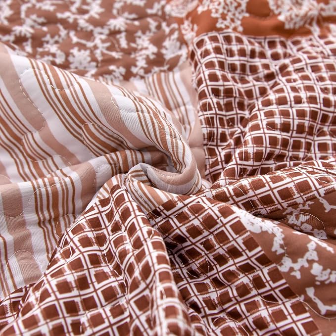 Mybedsoul Burnt Orange Boho Quilt King Size, Patchwork Floral Bedding Set | Soft Lightweight Microfiber Coverlet Set, 3 Pieces Plaid Reversible Bedspread, Bed Sets for All Seasons 90"x110"