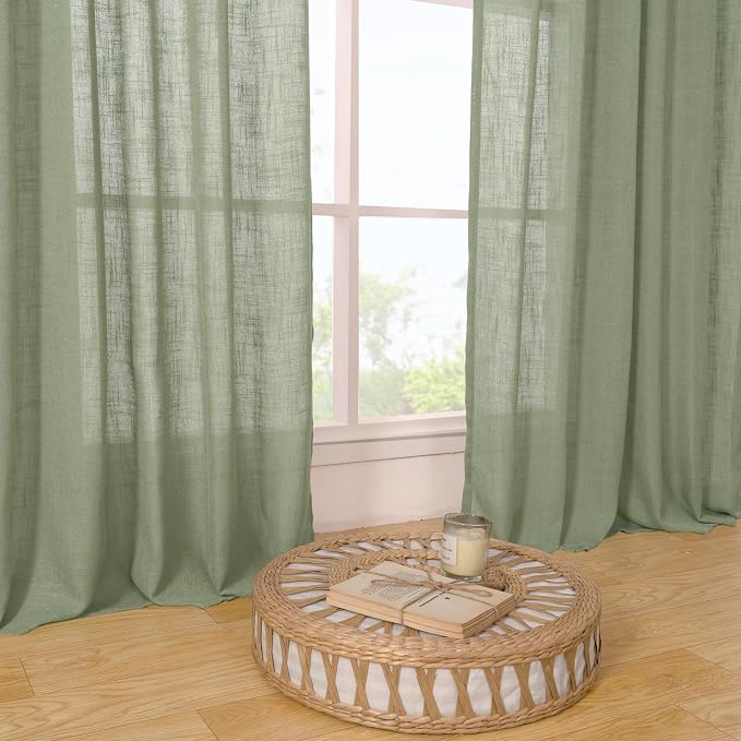 48 Inch Length Sage Green Linen Curtains for Windows 2 Panels Set | Semi Sheer, Light Filtering Drapes, Linen Textured, Boho, Panels for Kitchen, RV Camper, Loft, Bronze Grommet, 34 x 48 Inch