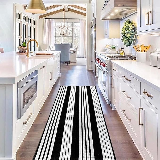 Striped Outdoor Rug 24"x51"Black and White Front Porch Rug Washable Doormat | Hand-Woven Farmhouse Indoor Outdoor Porch Mat Combined Use With Hello Welcome Mat
