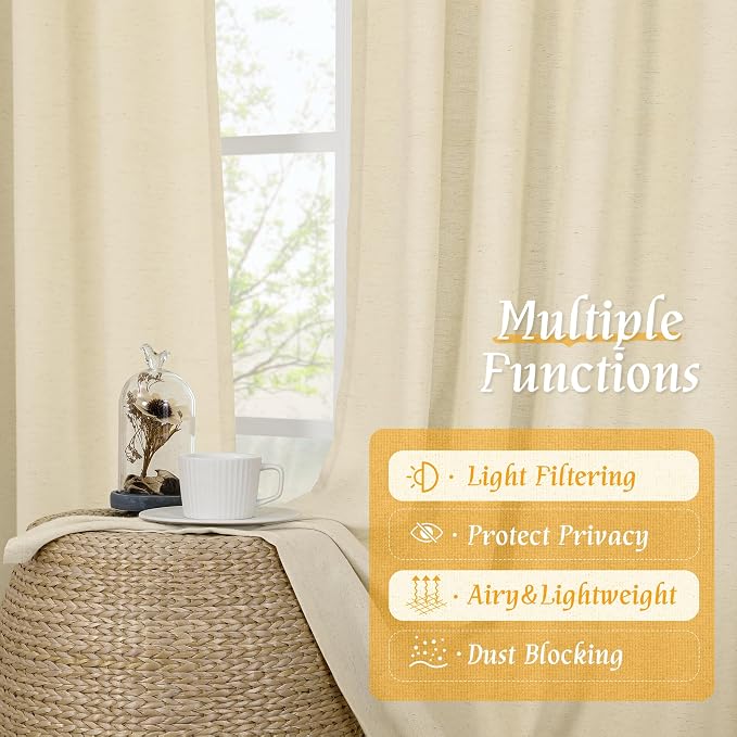 Beige Semi Sheer Linen Curtains 84 inches for Living Room 2 Panels | Light Filtering, Neutral, Privacy Protected, Linen Textured, Soft, Drapes for Bedroom, Farmhouse, Rod Pocket, 52 x 84 Inch