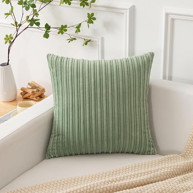 Kevin Textile Striped Corduroy 22”x22” Pillow Covers 2 Pack, Sage Green