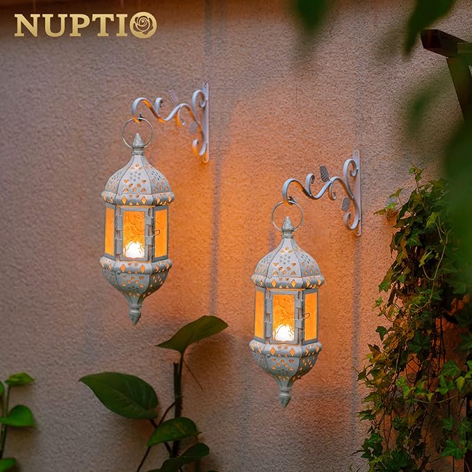2 Pcs Moroccan Lantern Metalwork Hanging Tealight Candle Holder Metal Glass Indoor Outdoor Battery Operated LED Flameless with 35cm Chain, White