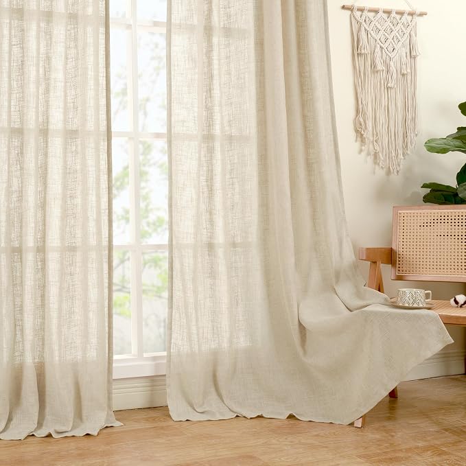 Semi Sheer Linen Curtains 72 inches Long for Living Room 2 Panels | Linen Textured, Light Filtering Drapes, Neutral, Window, Curtains for Bedroom, Farmhouse, Bronze Grommet, 34 x 72 Inch