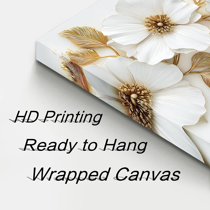 Large Canvas Wall Art for Living Room White and Gold Floral Print Painting wall Decor for Bedroom Office Modern Home Botanical Framed Wall Decorations Artwork Size 30x60 Ready to Hang