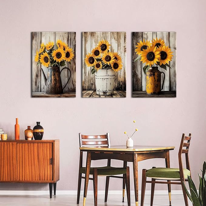 Yellow Sunflower Canvas Wall Art Sun Flower Pictures for Living Room Natural Botanic Flower Prints Canvas Artwork Retro Floral Paintings Wall Decor for Bathroom Bedroom Home Decorations 24x36"3Pcs