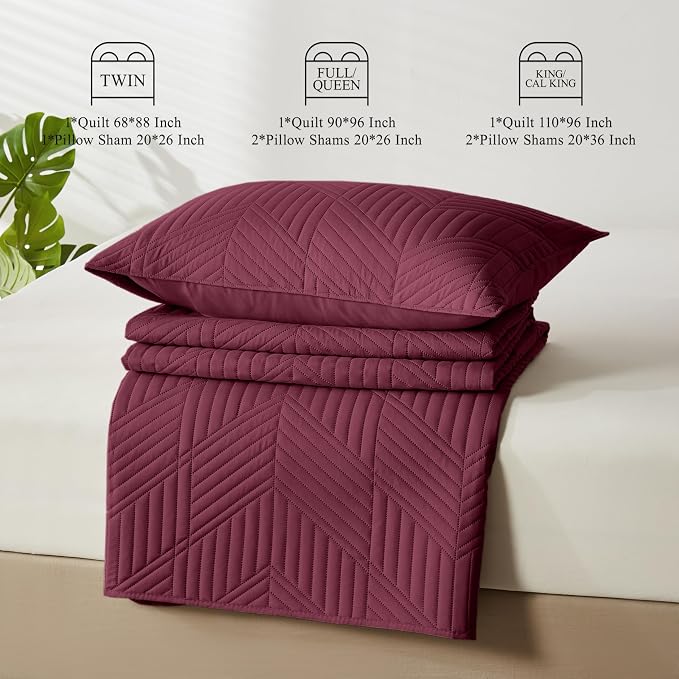 Davulos Full/Queen Quilt Set, Burgundy Lightweight Microfiber Bedspread, Reversible All Season Coverlet with Modern Geometric Pattern, Ultra Soft & Breathable (1 Quilt, 2 Pillow Shams)